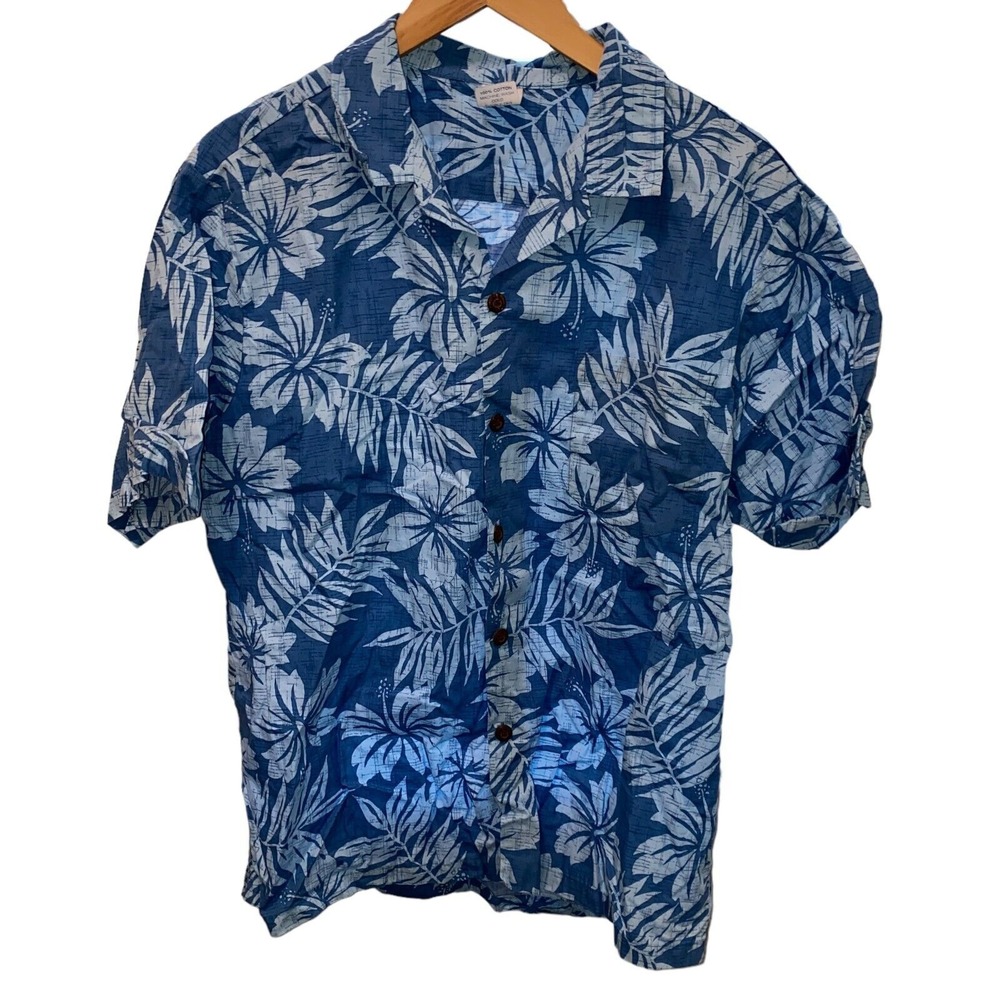 Island Wear Mens Blue Hibiscus Floral Hawaiian Shirt Large Made in Hawaii Cotton